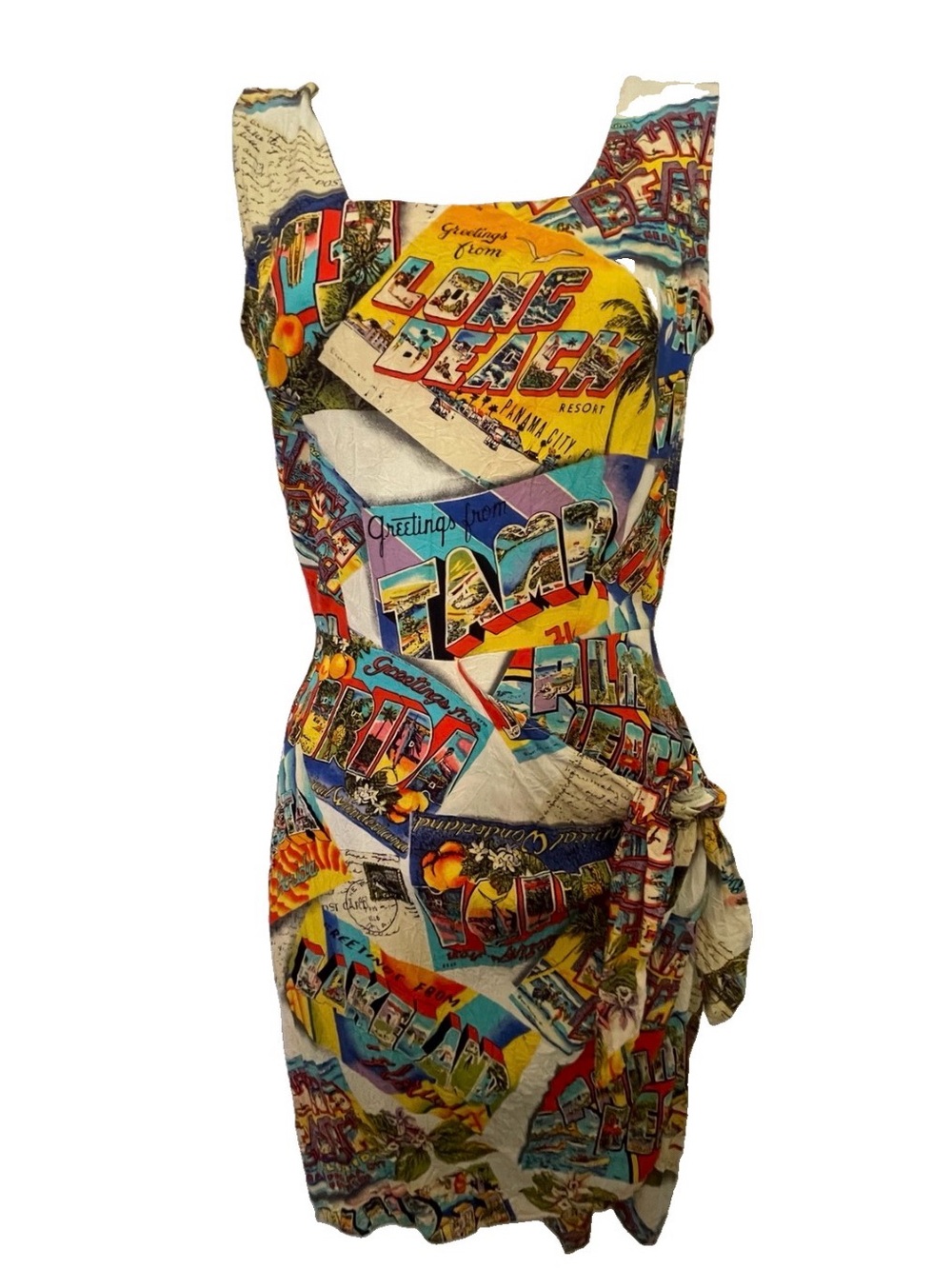 JAMS WORLD Vintage 90s Pop Art GREETINGS FROM Postcard Scenic Tie Front DRESS S